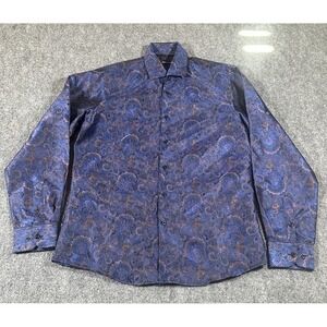 Barry Wang Mens Medium Blue Button Up L/S Shirt Paisley Silky AOP